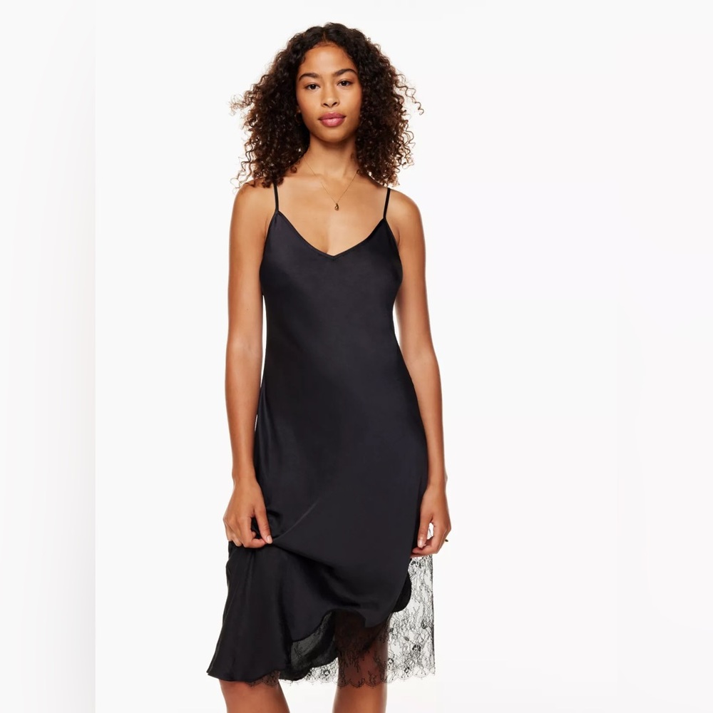 Aritzia Wilfred Sonnet Satin Dress Black Lace Midi Slip